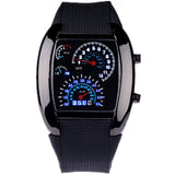 HOT SALE RPM Turbo Blue Flash LED Mens Sports Car Meter Dial Watch Full Black Stainless Steel Rectangle Man Clock Air Meter Hour