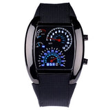 HOT SALE RPM Turbo Blue Flash LED Mens Sports Car Meter Dial Watch Full Black Stainless Steel Rectangle Man Clock Air Meter Hour